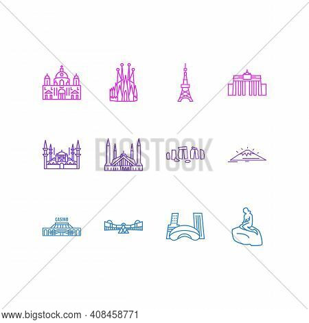 Vector Illustration Of 12 Tourism Icons Line Style. Editable Set Of Blue Mosque, Faisal Mosque, Las 