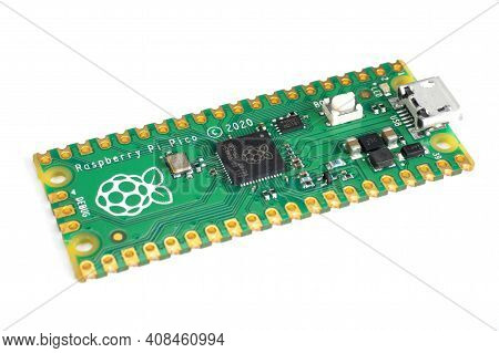 Galati, Romania - February 09, 2021: Close-up Of Raspberry Pi Pico Isolated On White Background