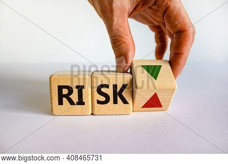 Risk Symbol. Wooden Cube With Word 'risk'. Businessman Turns The Wooden Cube, Changes The Direction 