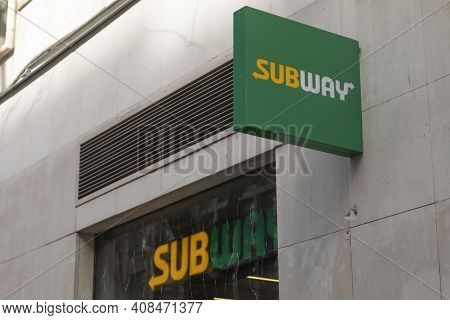 Madrid, Spain - February 07, 2021: Subway Fast Food And Junk Food Restaurant, In Genova Street, Sala