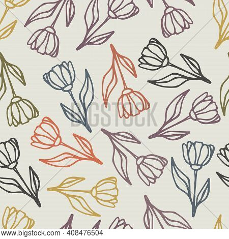 Seamless Vector Pattern With Tulips On A Light Background.