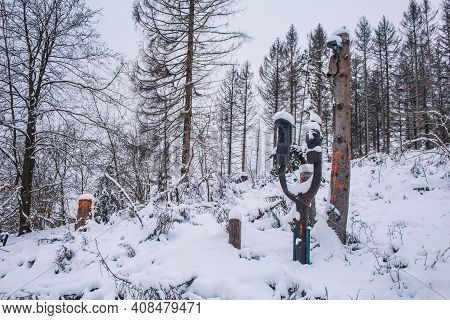 Winter In Harz Mountains National Park, Germany. Eselsplatz Near Osterode Am Harz. Moody Snow Covere