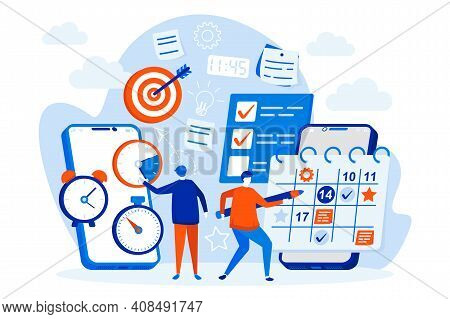 Mobile Organizer Web Design With People Characters. People Use Mobile Organizer App Scene. Work Task