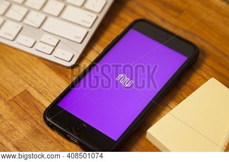 São Paulo Brazil. February 6, 2021: Screen Of The Brazilian Nubank Fintech Application, A Pioneer In