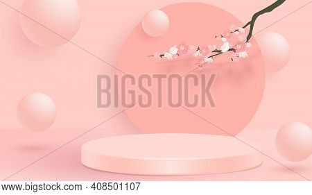 Abstract Minimal Scene With Geometric Forms. Cylinder Podium In Pink Background With Pink Sakura Flo