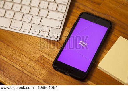 São Paulo Brazil. February 6, 2021: Screen Of The Brazilian Nubank Fintech Application, A Pioneer In