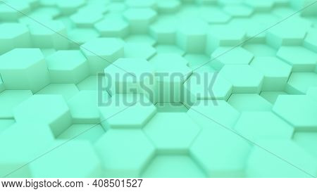 A 3d rendering of a view of an uneven pattern consisting of an array of light menthol green hexagons