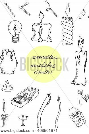 Candles,burning And New Matches, Hand Drawn Doodle, Simple Line Drawing, Sketch Illustration,design 