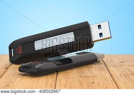 Usb Flash Drive On The Wooden Planks, 3d Rendering