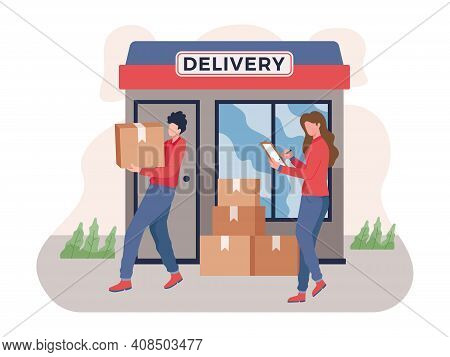 Service Of Fast Delivery, Express Delivery Courier. Man Courier With Box In His Hands. Supervisor Su