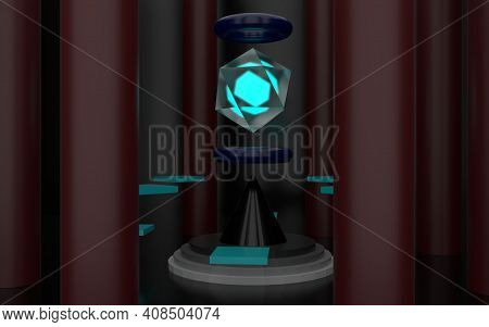 3d Rendering Of An Icosahedron Shaped Crystal With A Light  Blue Glowing Sphere Inside Houvering In 