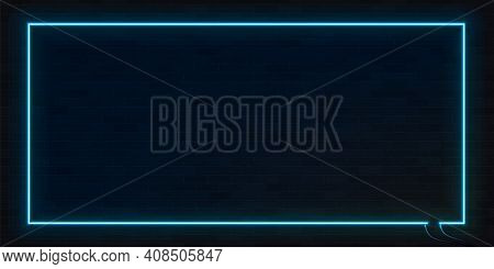 Neon Light Rectangle Template On Dark Brick Wall Vector Illustration.