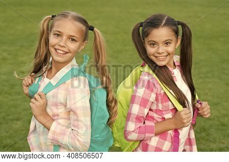 Fun And Interactive Activities For Kids. Happy Kids Back To School. Small Kids Carry Backpacks. Beau