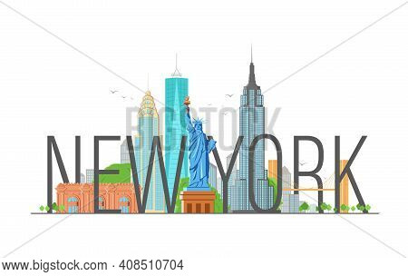 New York Illustration With Modern Calligraphy And Statue Of Liberty.