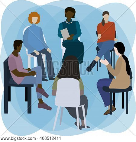 Support Group For People With Mental Illnesses. Group Therapy Session. Vector Illustration