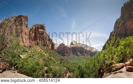 Zion National Park View From Emerald Pools Trail Across The Valley Toward The Spearhead And The Moun