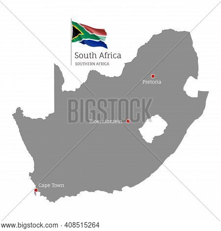 Silhouette Of South Africa Country Map. Gray Map With Waving National Flag And Cape Town, Bloemfonte