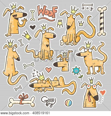 Set With Cute Cartoon Dog. Funny Puppy And Bone. Good Boy Print. Vector Sticker Pack With Joyful Ani