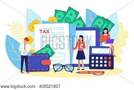 Online Tax Payment Concept. Tiny People Filing Tax Form, Counting Money. M-banking, Payments, Financ