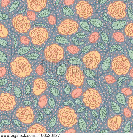 Blue With Orange Camelias And Green Leaves Garden Themed Seamless Repeating Pattern.