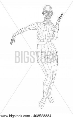 Wireframe Ballerina Or Dancer In Dance Pose. Female Dancing Salsa. Vector 3d Rendering