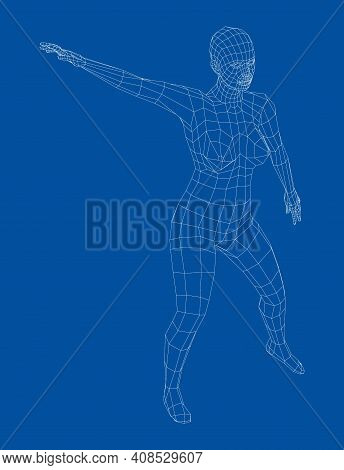 Wireframe Ballerina Or Dancer In Dance Pose. Vector 3d Rendering
