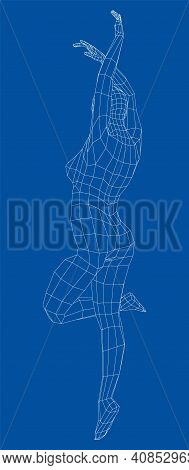 Wireframe Ballerina Or Dancer In Dance Pose. Vector 3d Rendering