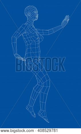 Wireframe Ballerina Or Dancer In Dance Pose. Female Dancing Salsa. Vector 3d Rendering