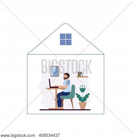 A Man With A Beard Sits On A Chair And Works At A Laptop. A Person Works At Home On A Computer. Flat