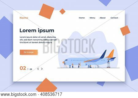 Plane Service Isolated Flat Vector Illustration. Cartoon Mechanics Repairing Airplane Before Flight 