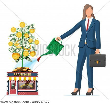 Successful Franchise Business With Money Tree. Franchising Shop Building Or Commercial Property And 