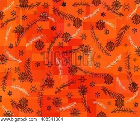 Falling Snowflakes And Bird Feathers On An Orange Background For Your Creativity