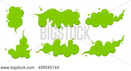 Smelling Green Cartoon Fart Cloud Flat Style Design Vector Illustration Set. Bad Stink Or Toxic Arom