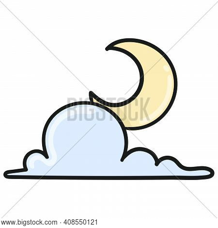 Moon In Sky Drawing Doodle Icon. Cartoon Caharacter Cute Doodle Draw