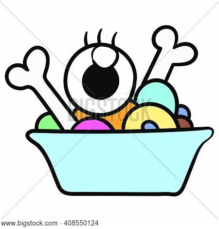 Food For The Monsters In The Bowl. Doodle Icon Image. Cartoon Caharacter Cute Doodle Draw