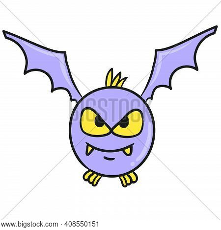 Ball Winged Emoticon With Angry Face. Doodle Icon Image. Cartoon Caharacter Cute Doodle Draw