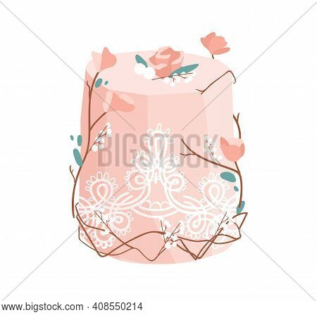 Wedding Or Birthday Dessert Decorated With Rose Flowers And Snowberries, Leaves, Twigs And Ornament.