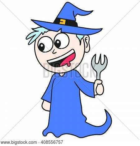 The Witch Brought A Fork To Eat. Doodle Icon Image. Cartoon Caharacter Cute Doodle Draw