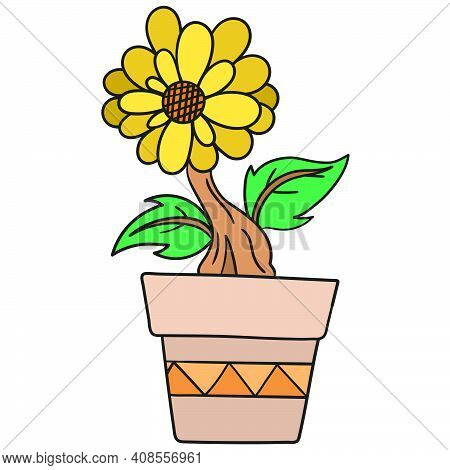 Lush Sunflowers In A Garden Pot. Doodle Icon Image. Cartoon Caharacter Cute Doodle Draw