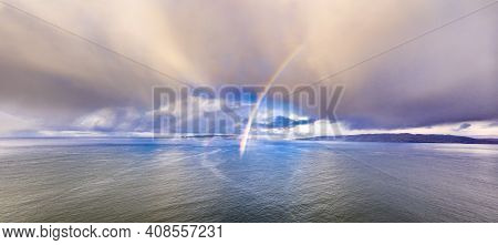 Aerial View Of An Rainbow Above The Atlantic Ocean In Donegal - Ireland