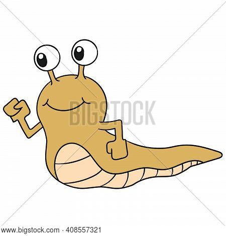 A Snail Without A Shell Housing. Doodle Icon Image. Cartoon Caharacter Cute Doodle Draw