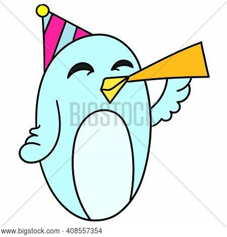 Birthday Blue Bird Blowing Trumpet. Cartoon Caharacter Cute Doodle Draw