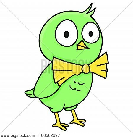 Cute And Funny Green Bird. Doodle Icon Image. Cartoon Caharacter Cute Doodle Draw