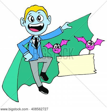 Dracula And Flying Bats Carrying Blank Banners. Cartoon Caharacter Cute Doodle Draw