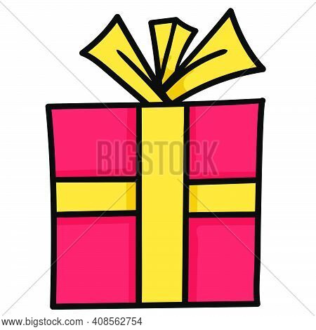 Gift Box Decorated With Beautiful Ribbons. Doodle Icon Image. Cartoon Caharacter Cute Doodle Draw