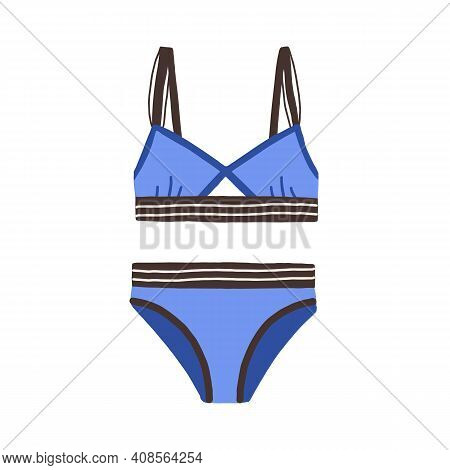 Female Sports Swimsuit. Blue Strapped Women Swimwear With Elastic Wireless Bra. Bikini Top And Botto