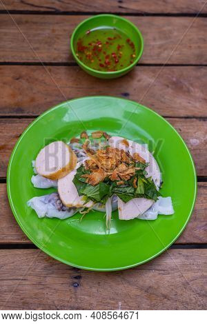 Vertical Top View Photo Of Vietnamese Steamed Rice Noodle Rolls - Banh Cuon