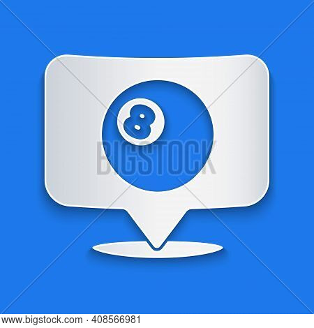 Paper Cut Map Pointer With Billiard Pool Snooker Ball With Number 8 Icon Isolated On Blue Background
