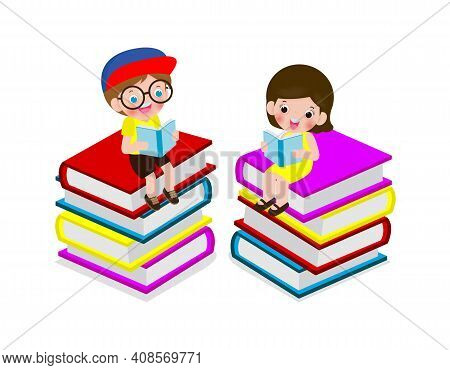 Set Of Cute Little School Children Sitting And Reading A Book On Stack Of Books, Happy Pupil Reading