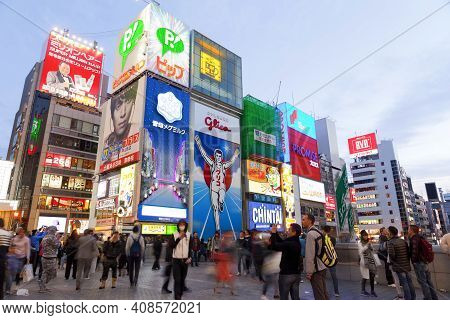 Osaka, Japan - April 21 : The Glico Man Light Billboard And Other Light Displays On April 21,2015 In